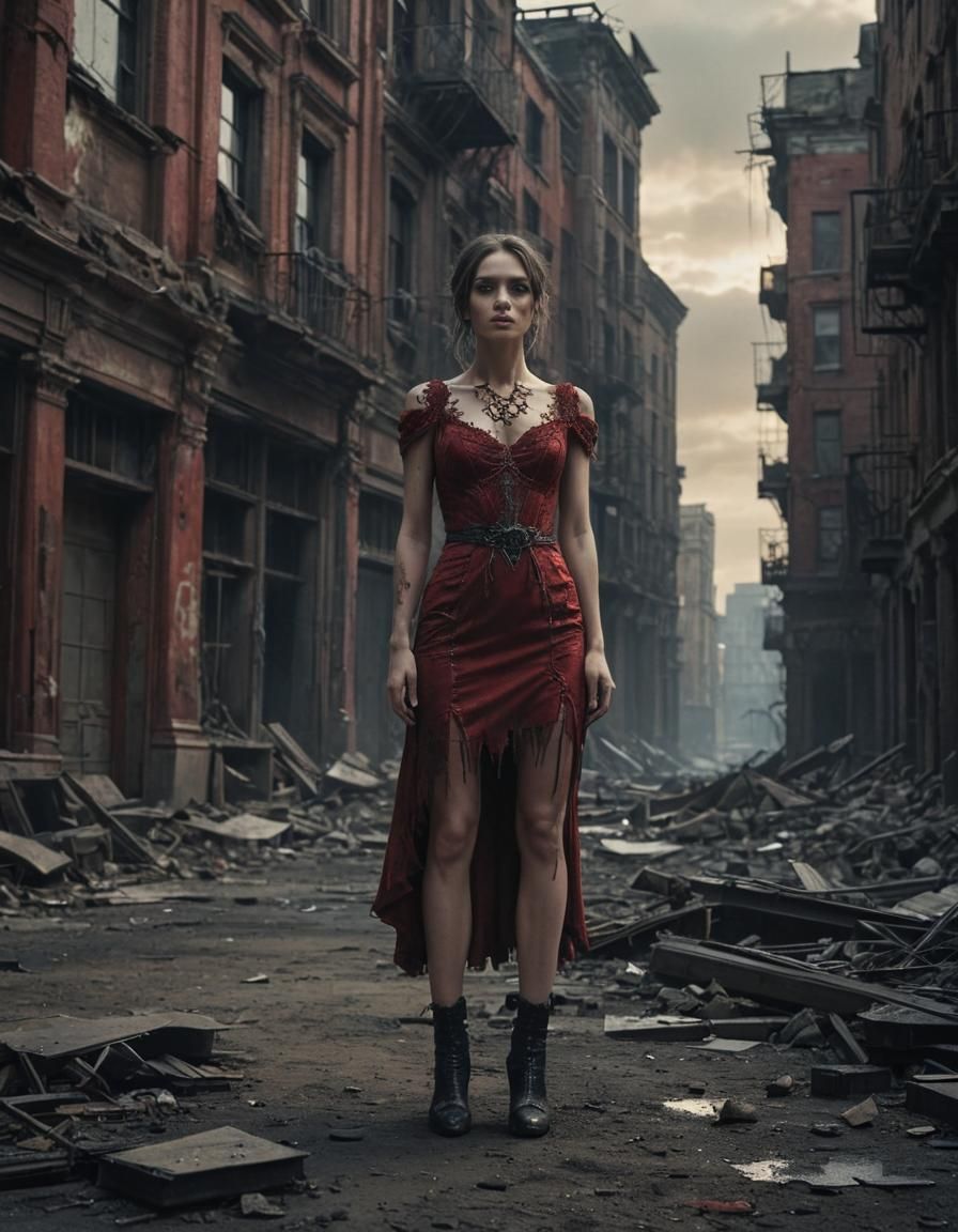 Model in Red Dress in Gothic Cityscape