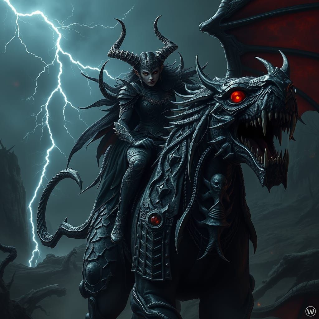 Demonic Warrior Rides Beast in Dark Fantasy Style