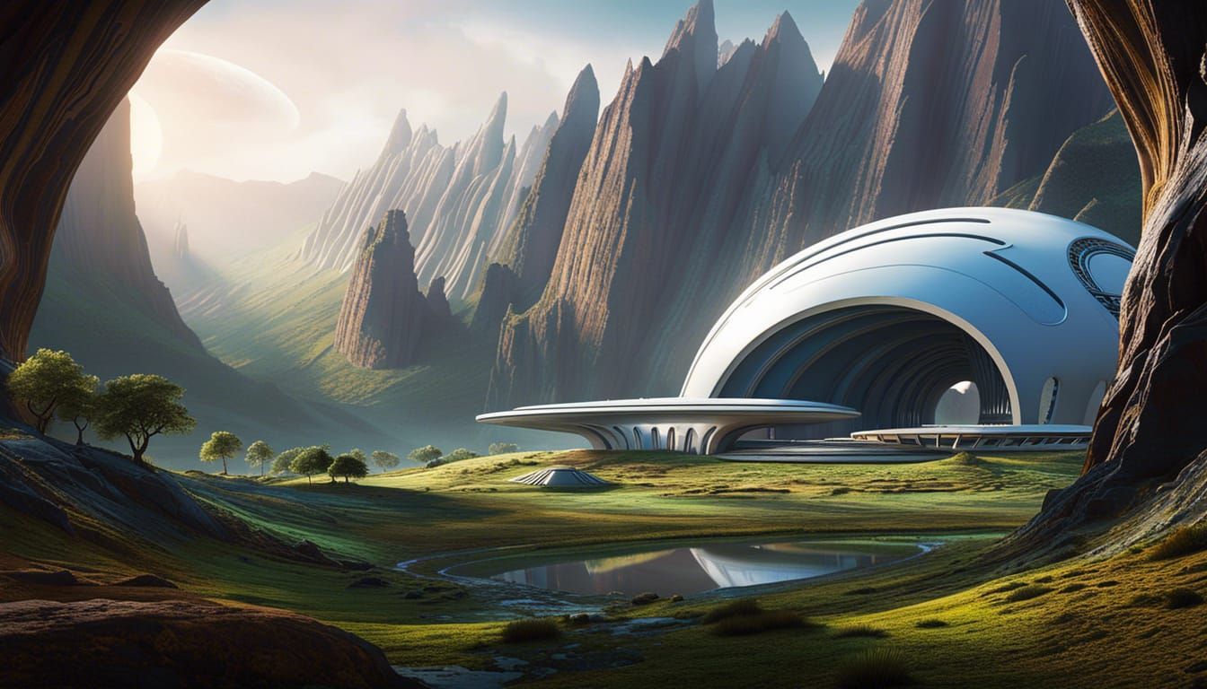 Vibrant Alien Utopia with Colossal Circular Window