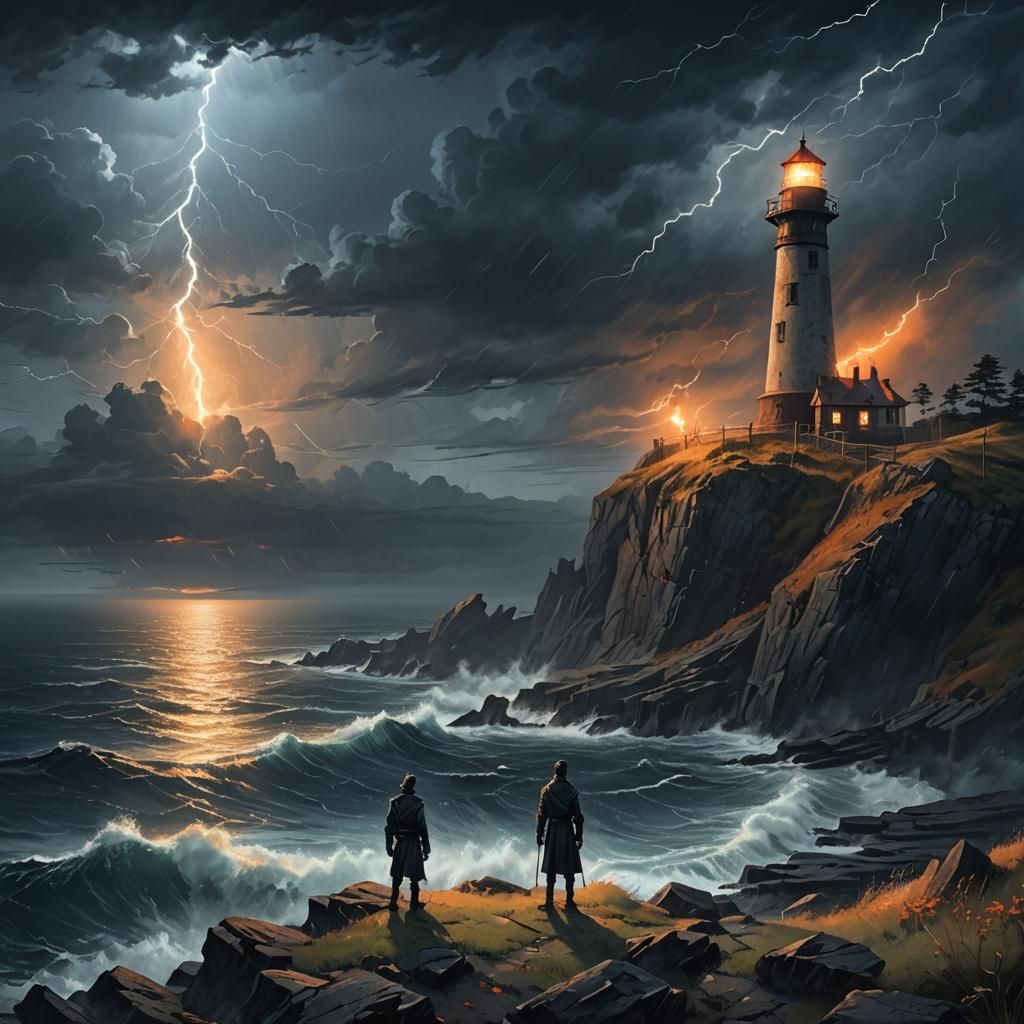 Dramatic Lighthouse in Dark Fantasy Landscape