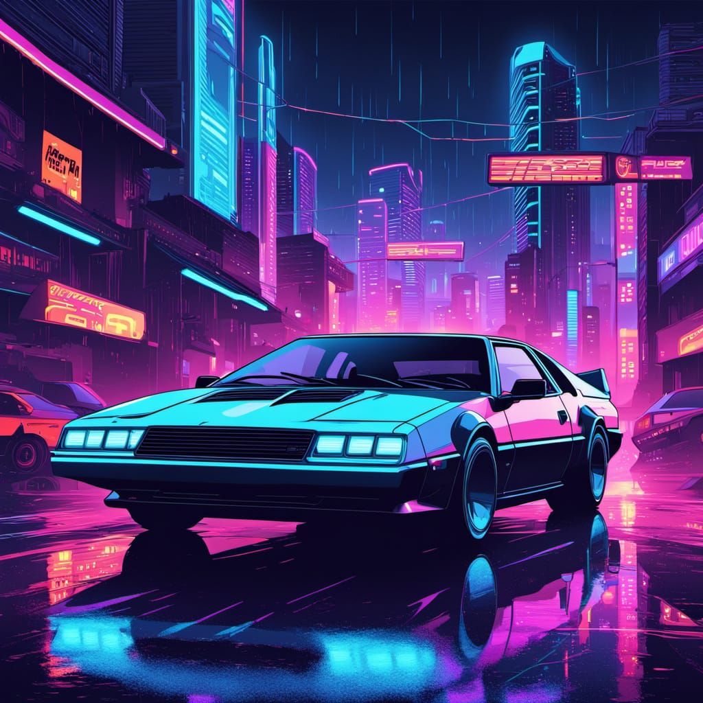 Neon Cyberpunk Car Speeds Through Rainy City Night