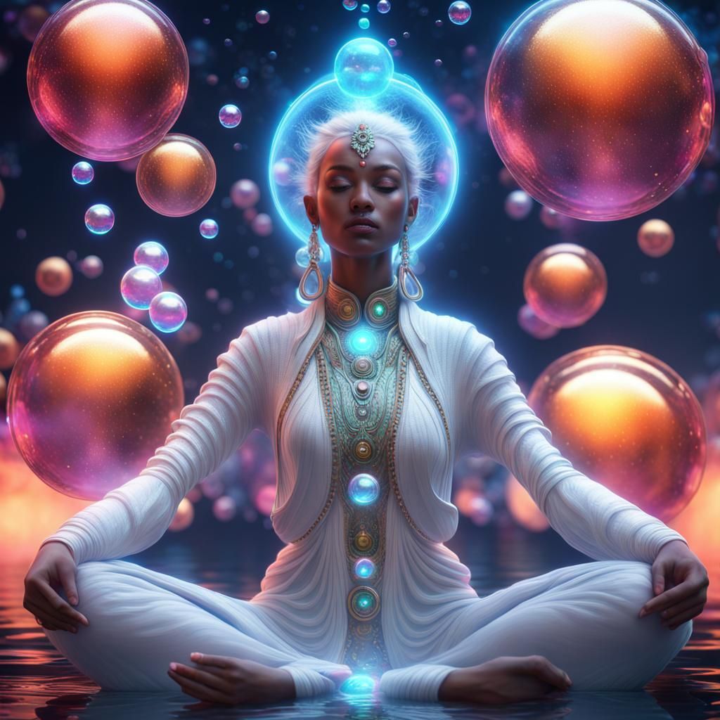 Goddess Meditating in Galactic Forest, Hyperrealistic Art