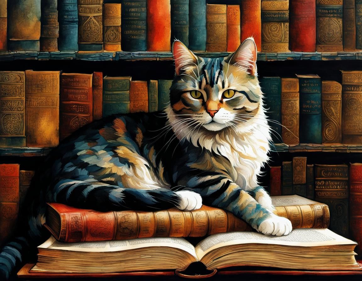 Cat Nap in Magical Ancient Library, Scandinavian Folk Art