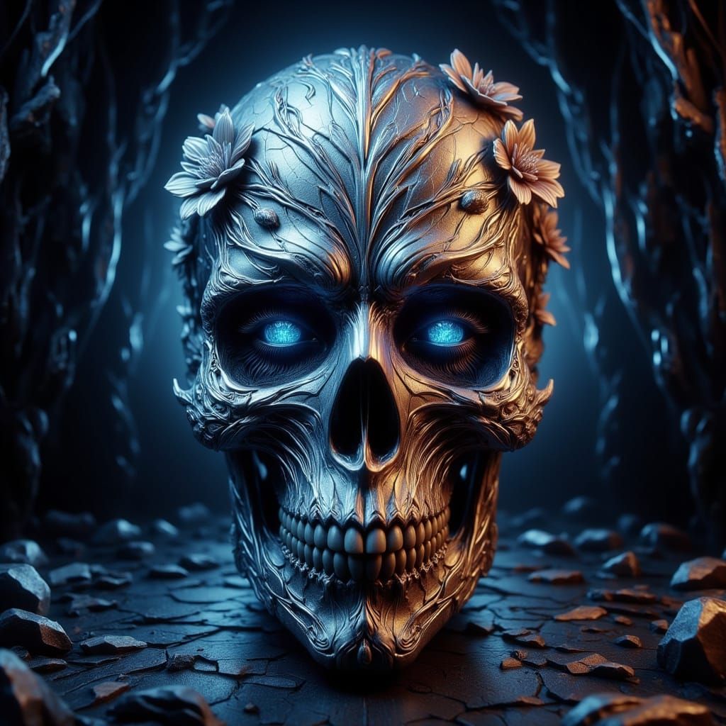 Metallic Sugar Skull Sculpture with Intricate Details