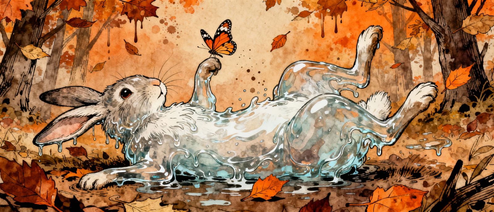 Water Rabbit Playing in Autumn Forest Watercolor Illustratio...
