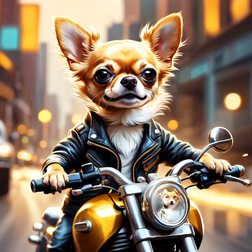 Golden Chihuahua Rides Motorcycle in Digital Art Style