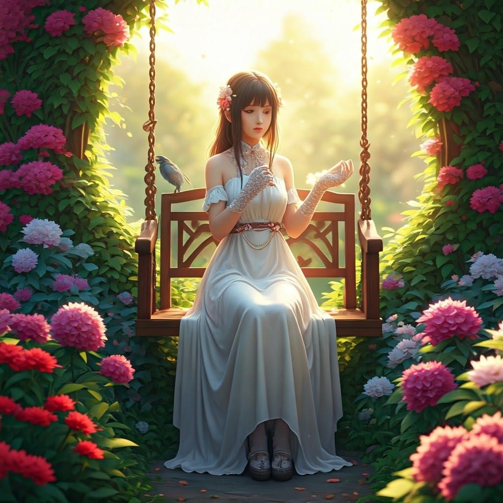 Woman on Swing in Lush Garden: 3D Anime Art