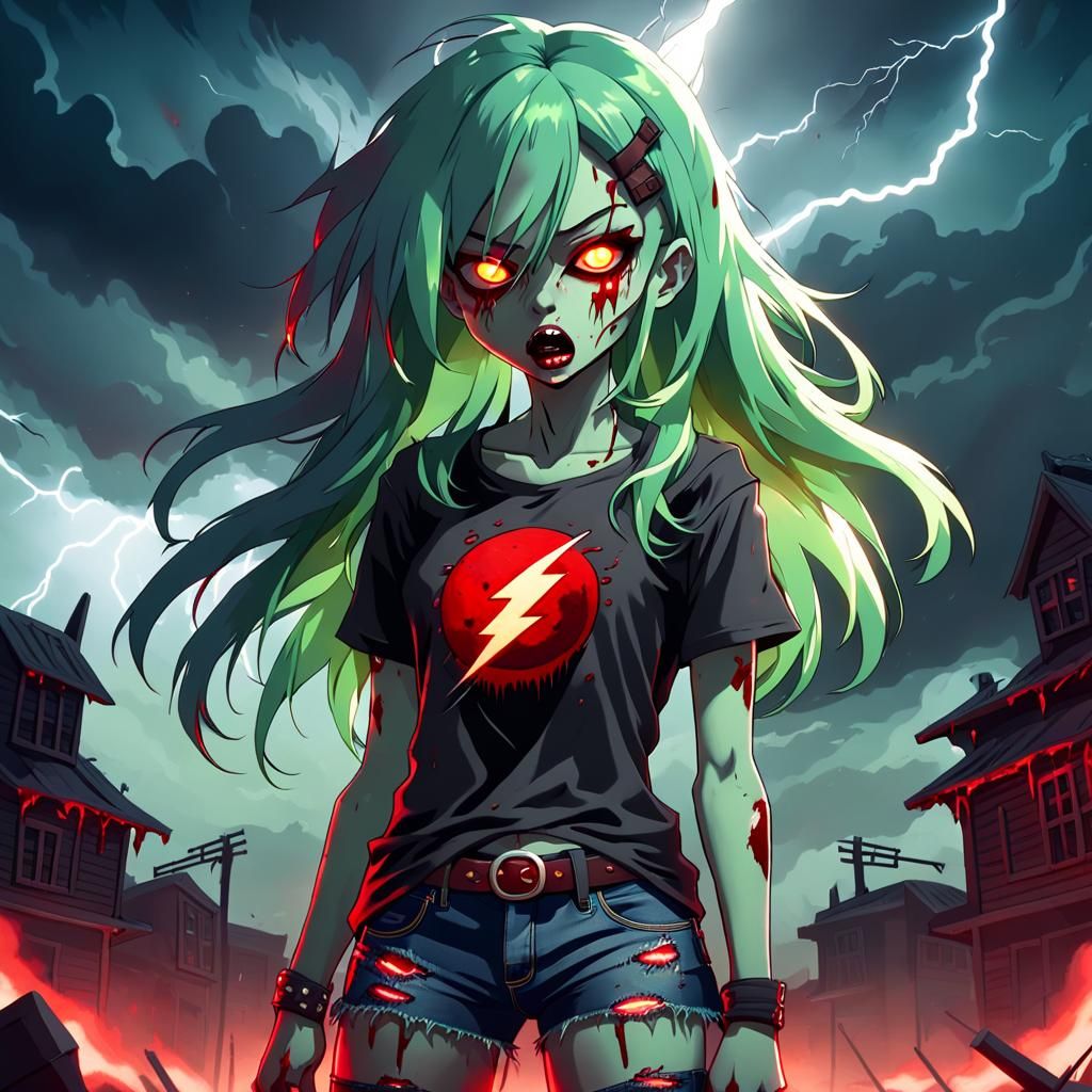 Petite Zombie Girl in Dark Stormy Night