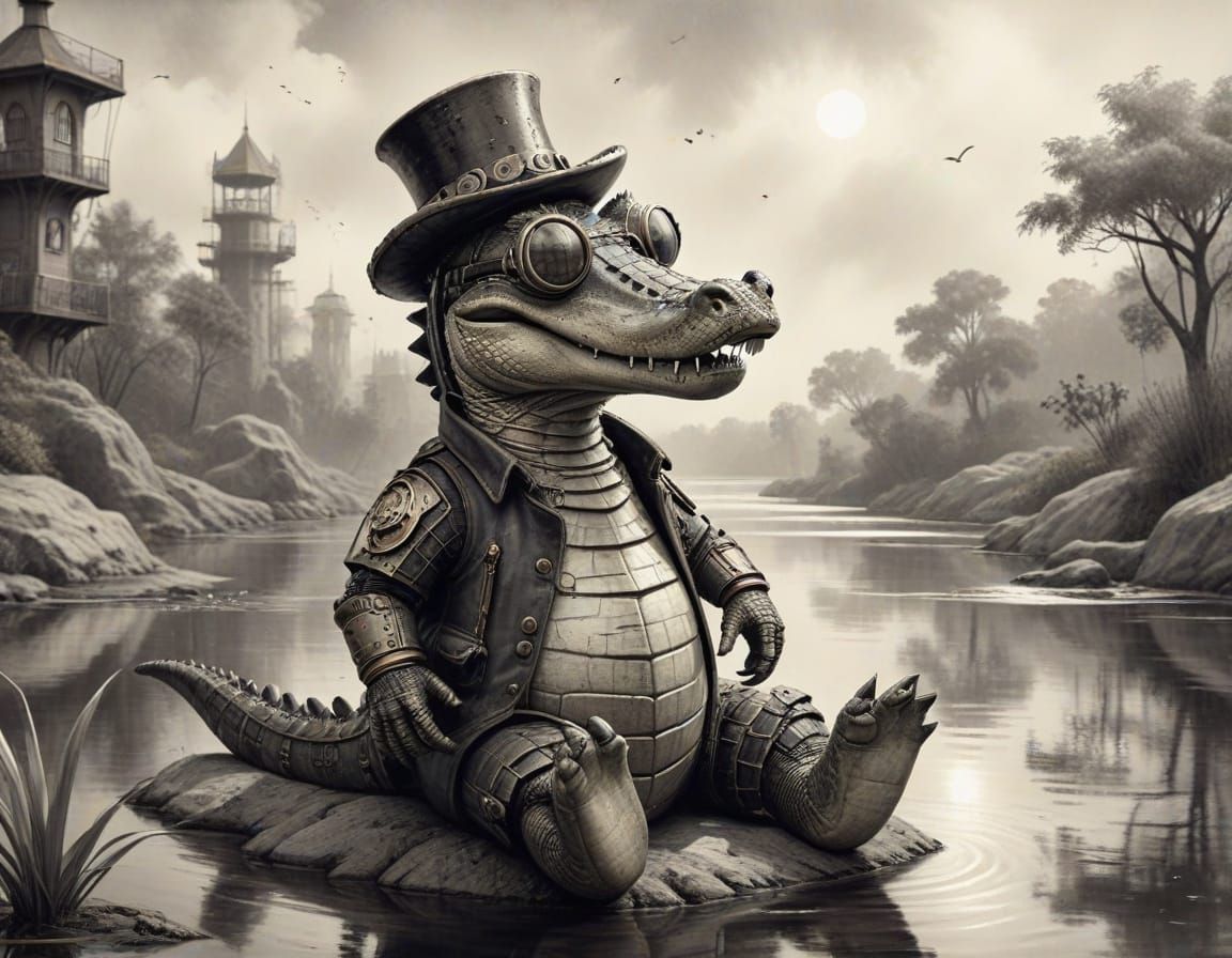 Steampunk Alligator Serenades on Cosmic Riverside