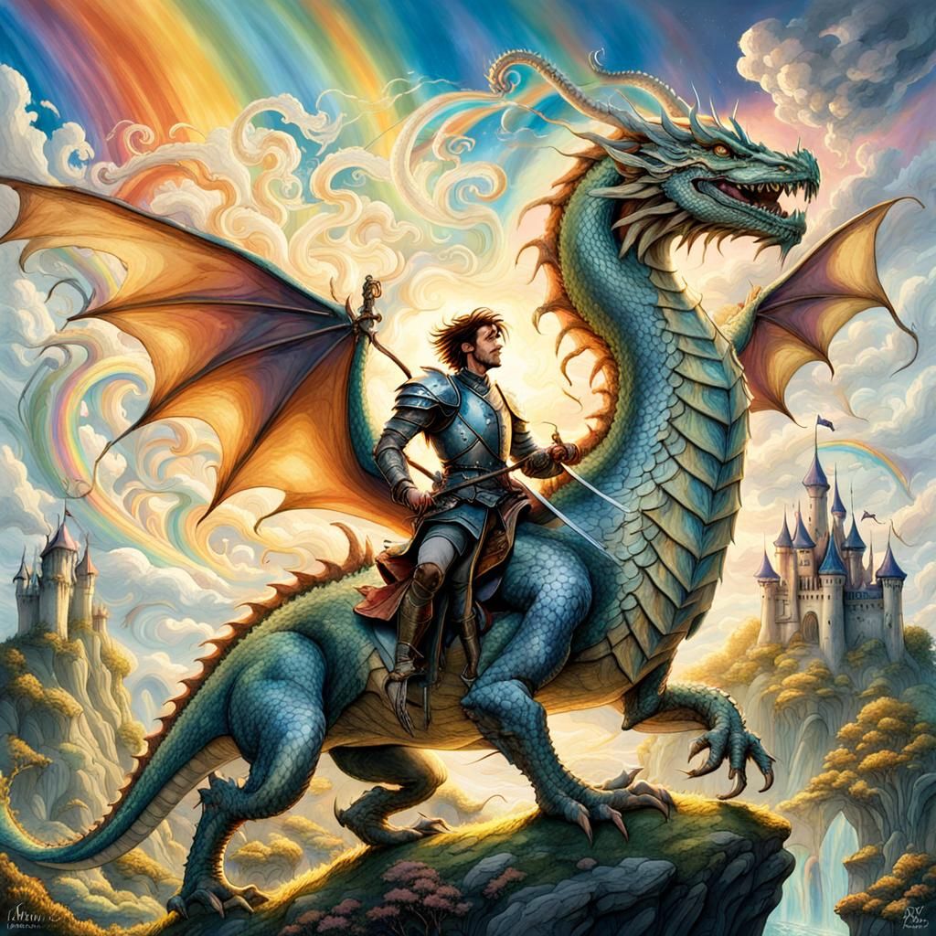 Knight on Dragon in Fairy Kingdom: Fantasy Art