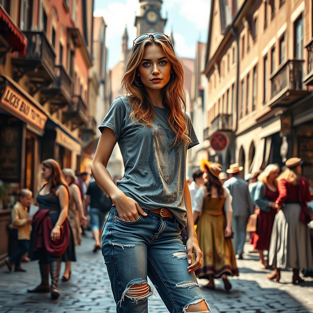 Modern Woman in 18th Century Market, Hyper-Realistic Style