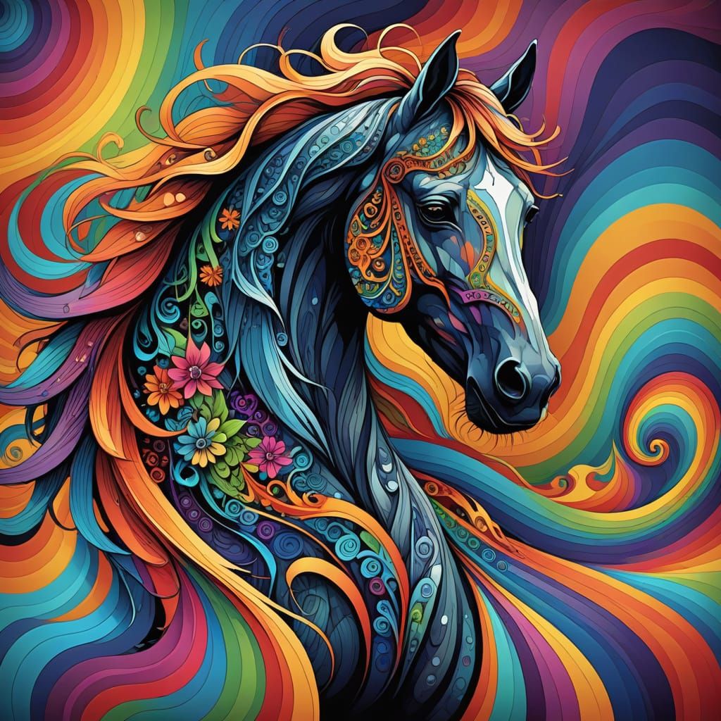 Wild Horse Amidst Fractal Desert Landscape