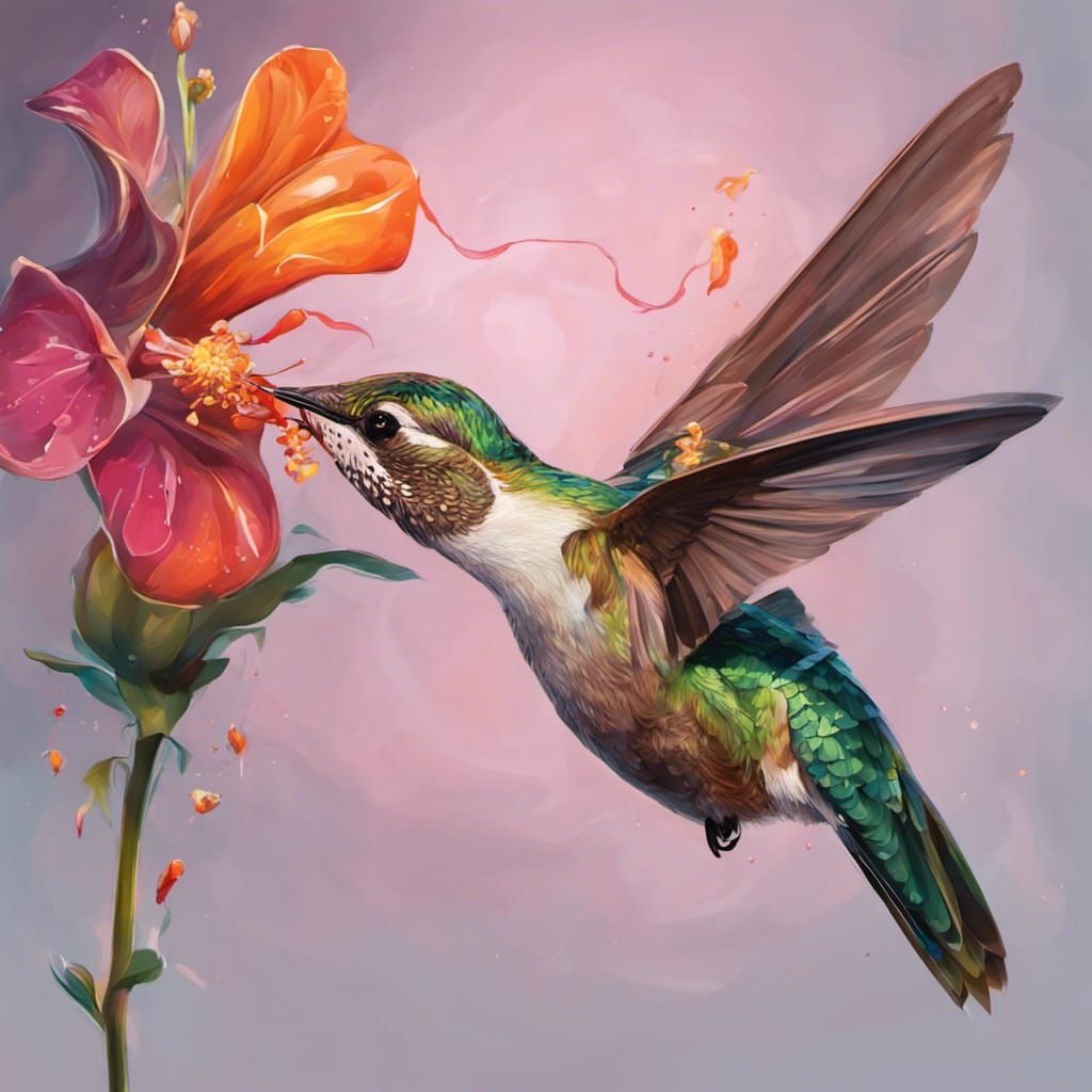 Hyperrealistic Hummingbird Drinking Nectar from Flower