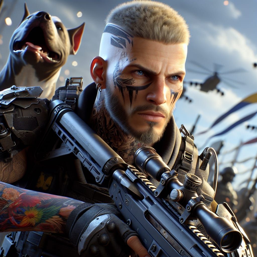 American Flag Armored Warrior in War Zone