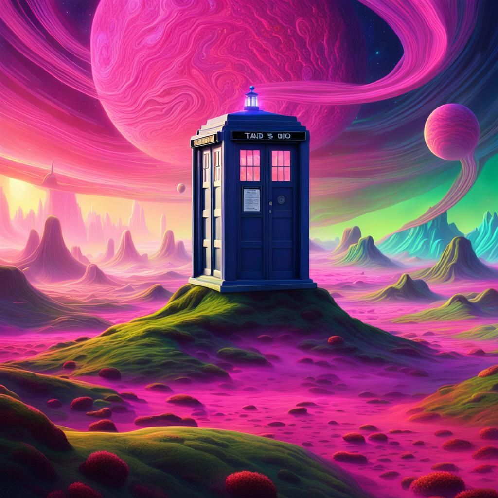 Pink TARDIS on Alien Planet in Digital Art