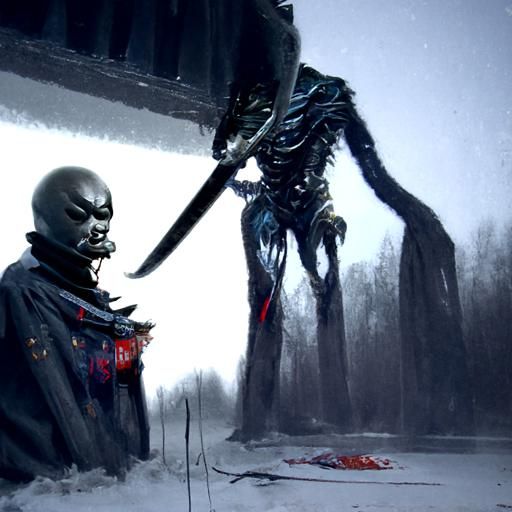 Sinister Alien Samurai Cannibal in Dark Fantasy Style