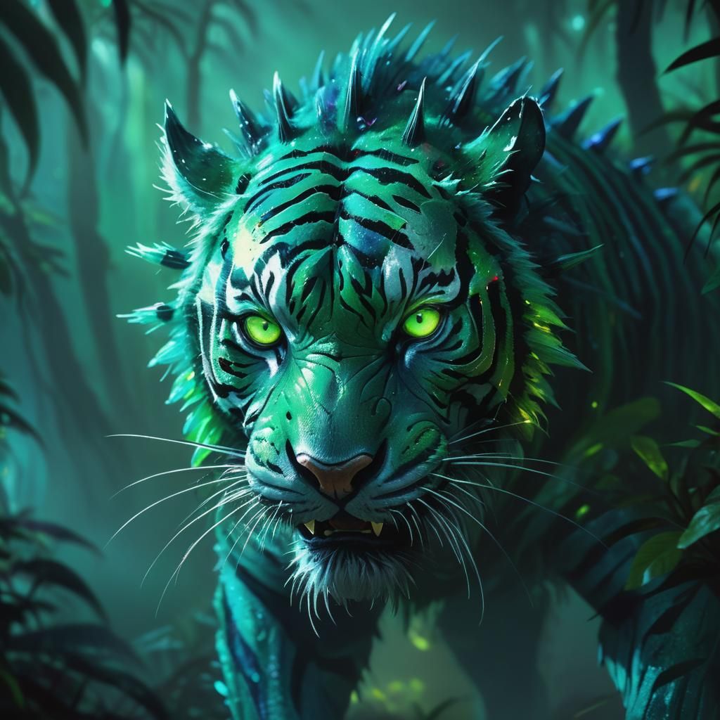 Spiny Alien Tiger in a Misty Jungle