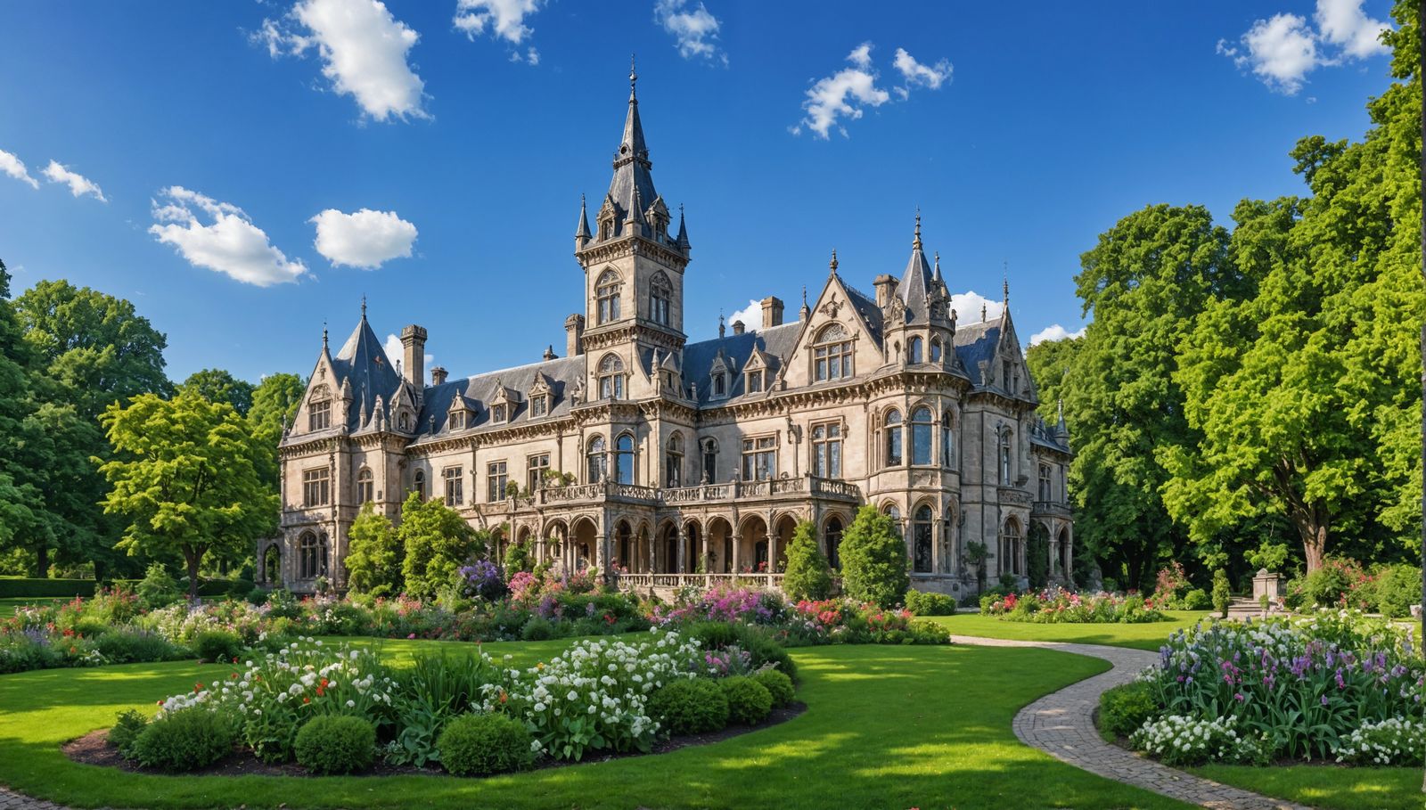 Hyperrealistic Gothic Mansion in Garden Park
