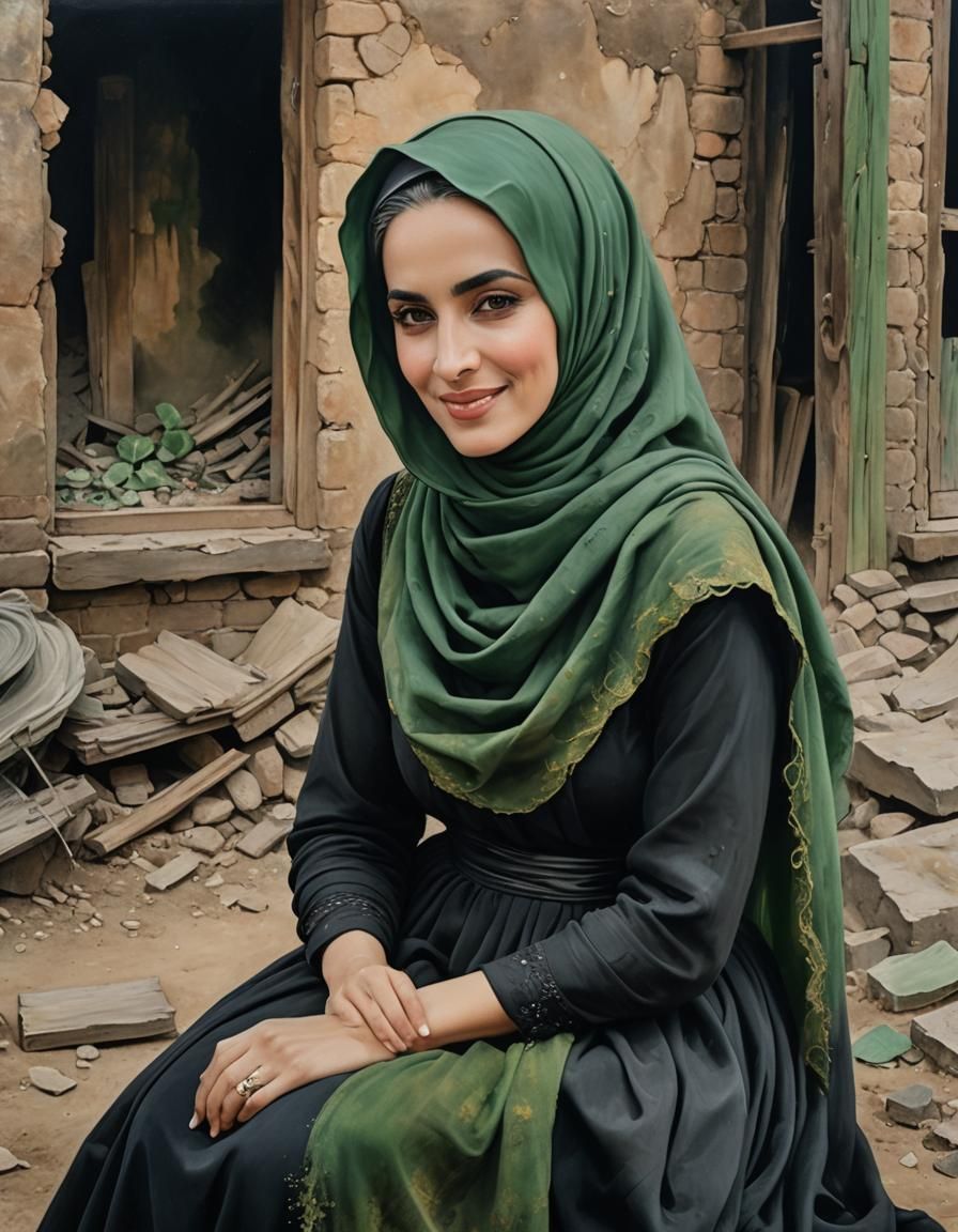 Hijabi Woman Portrait Near Ruined Home in Surreal Style