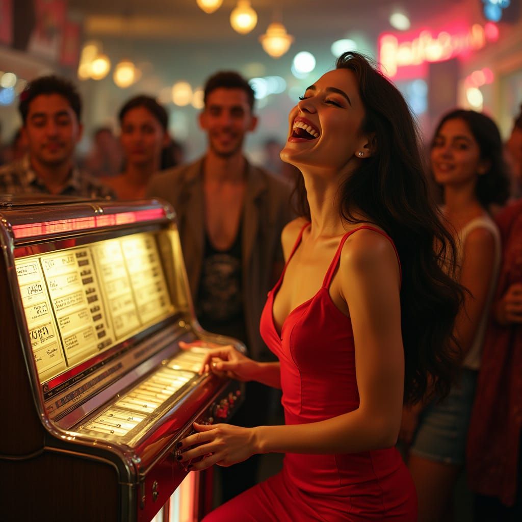 Latina Woman Sings Along to Jukebox, Rivera Style