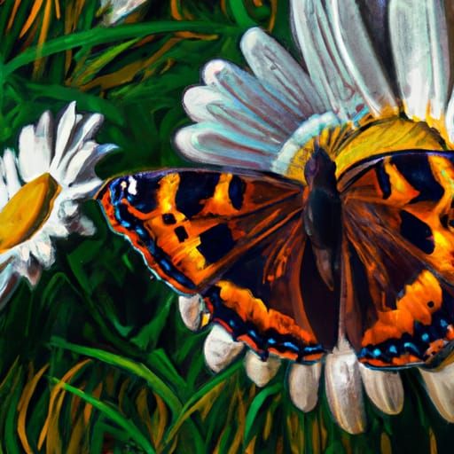 Hyperrealistic Butterfly on Daisies Painting