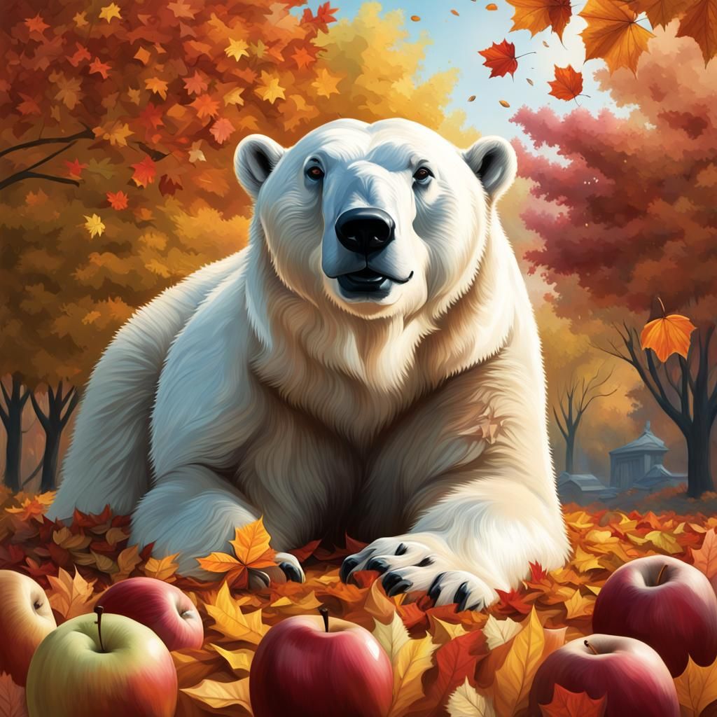 Polar Bear Plays in Autumn Leaves: Hyperrealistic Splash Art