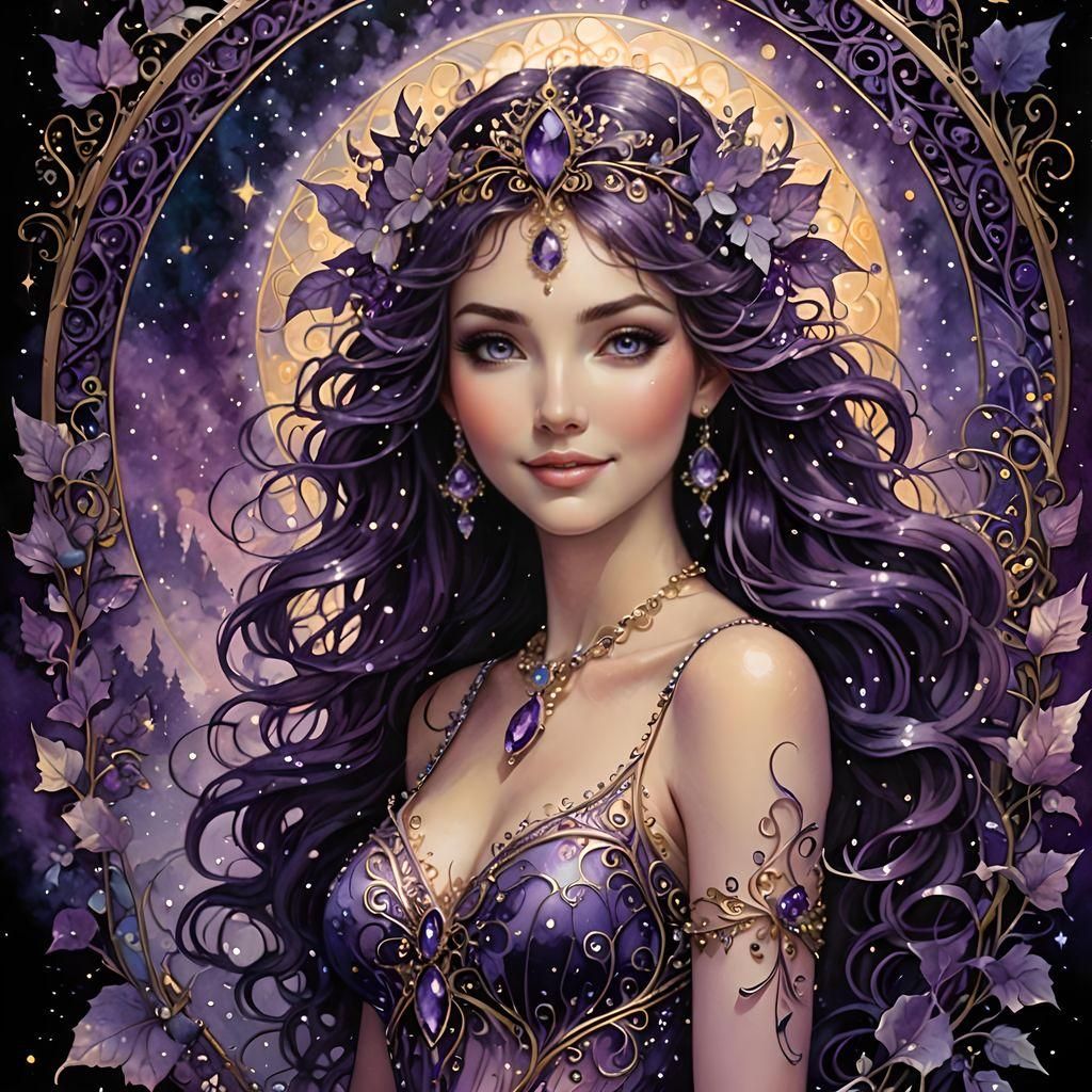 Smiling Nymph with Amethyst Jewelry in Ethereal Style