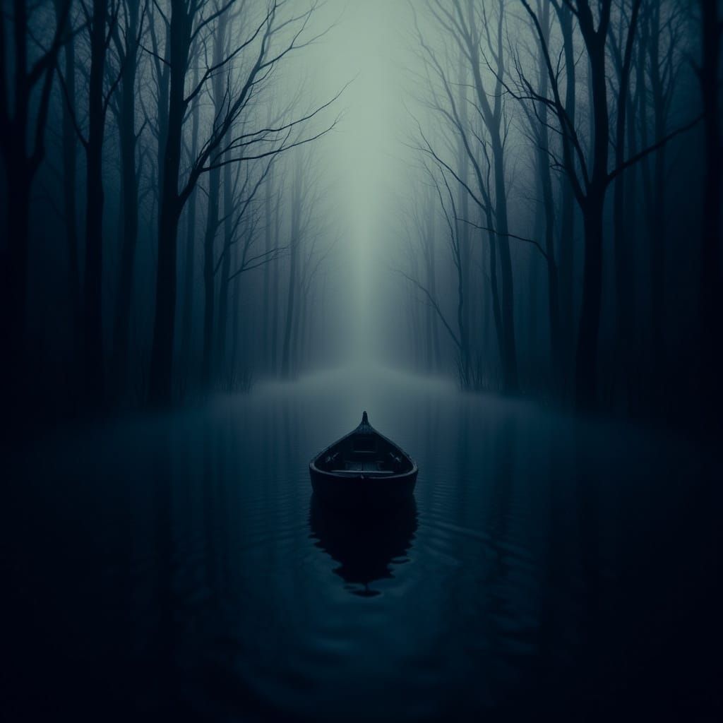 Spooky Lake Scene with Glowing Eyes in Macabre Style