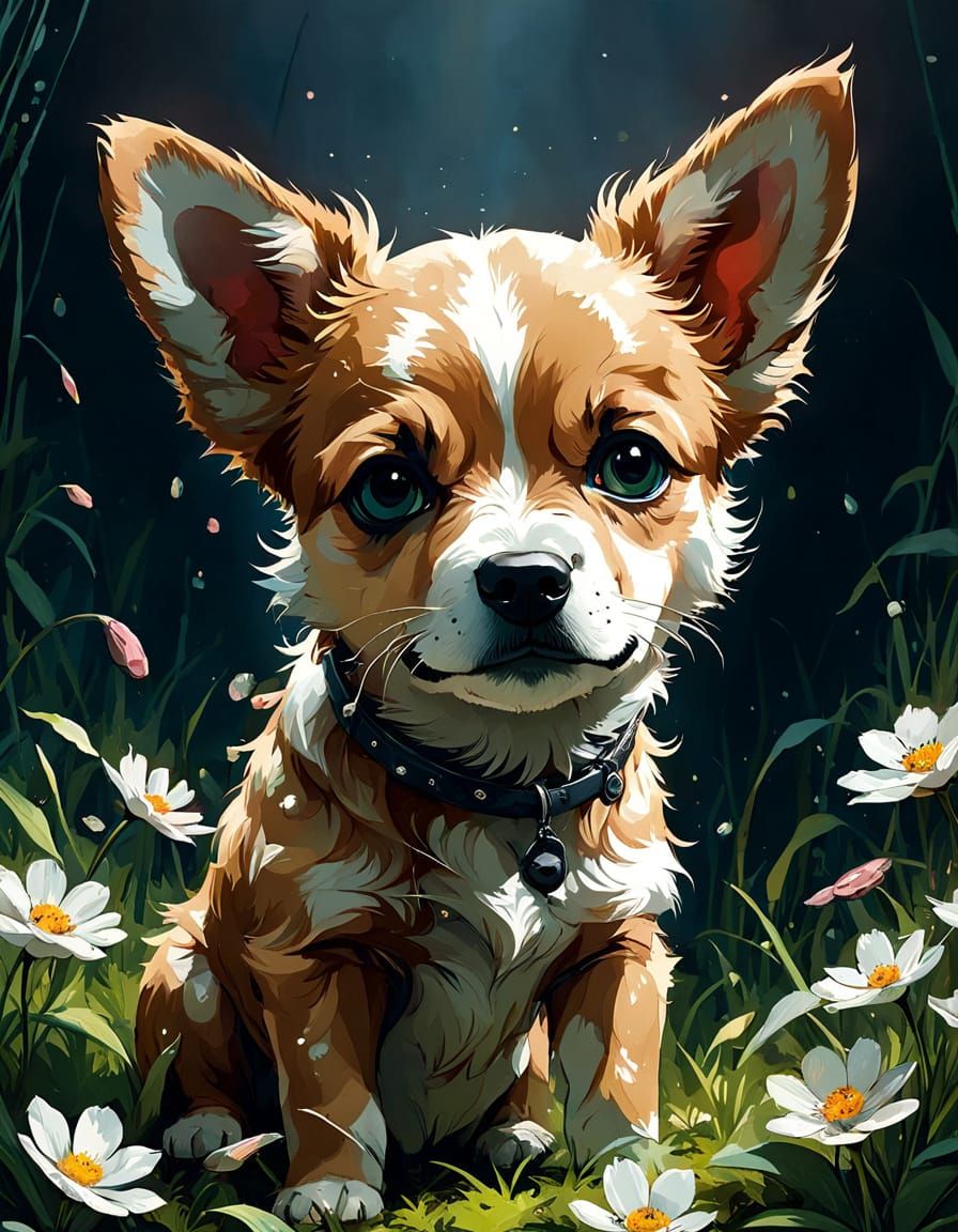 Adorable Baby Dog in Floral Spring: Digital Art