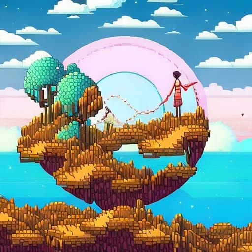 Circular Vector Art: Pixel Landscape in Digital Style
