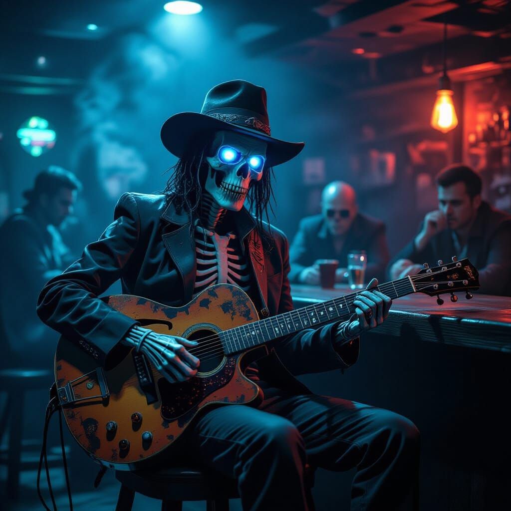 Skeletal Blues Musician on Alien Planet