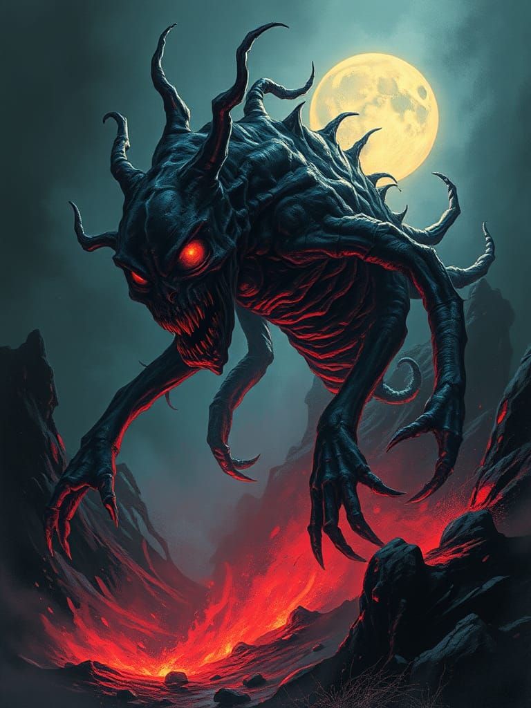 Nightmarish Glowing Creature in Cyberpunk Horror Style