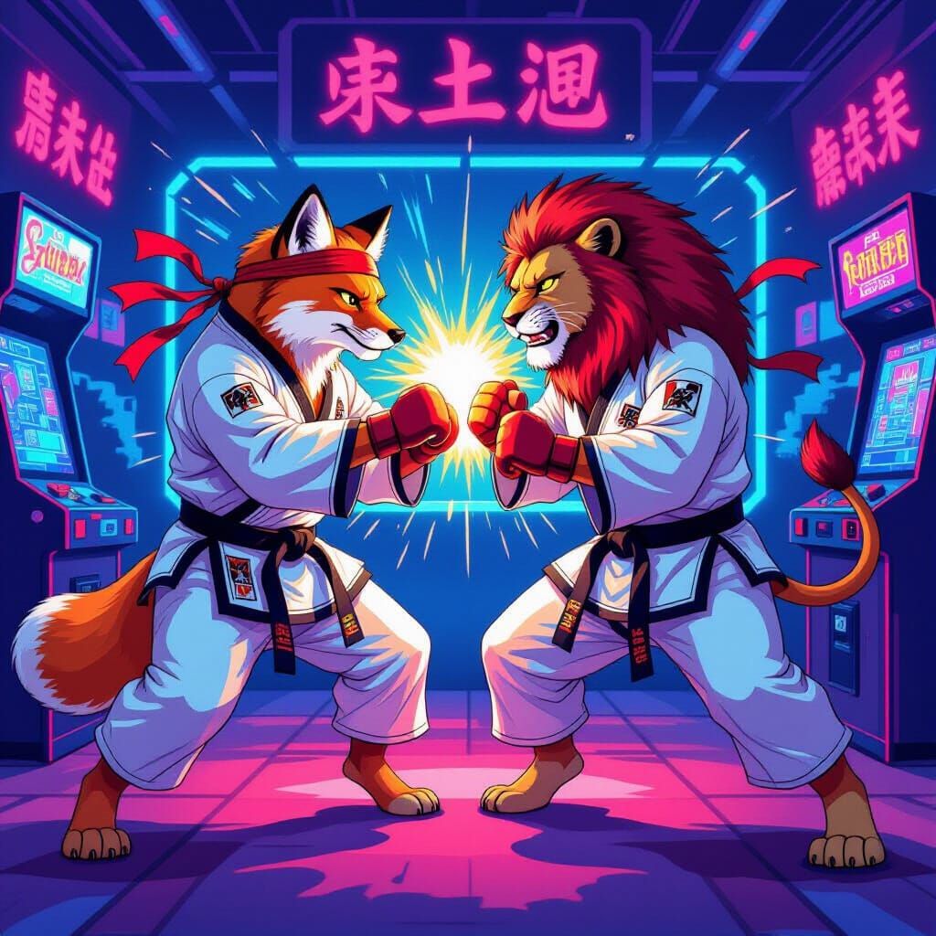 Fox and Lion Ready to Fight in Retro Arcade