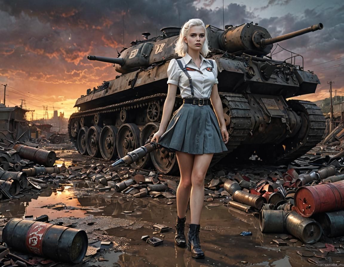 Dieselpunk Soldier Girl with Panzer Tank at Sunset