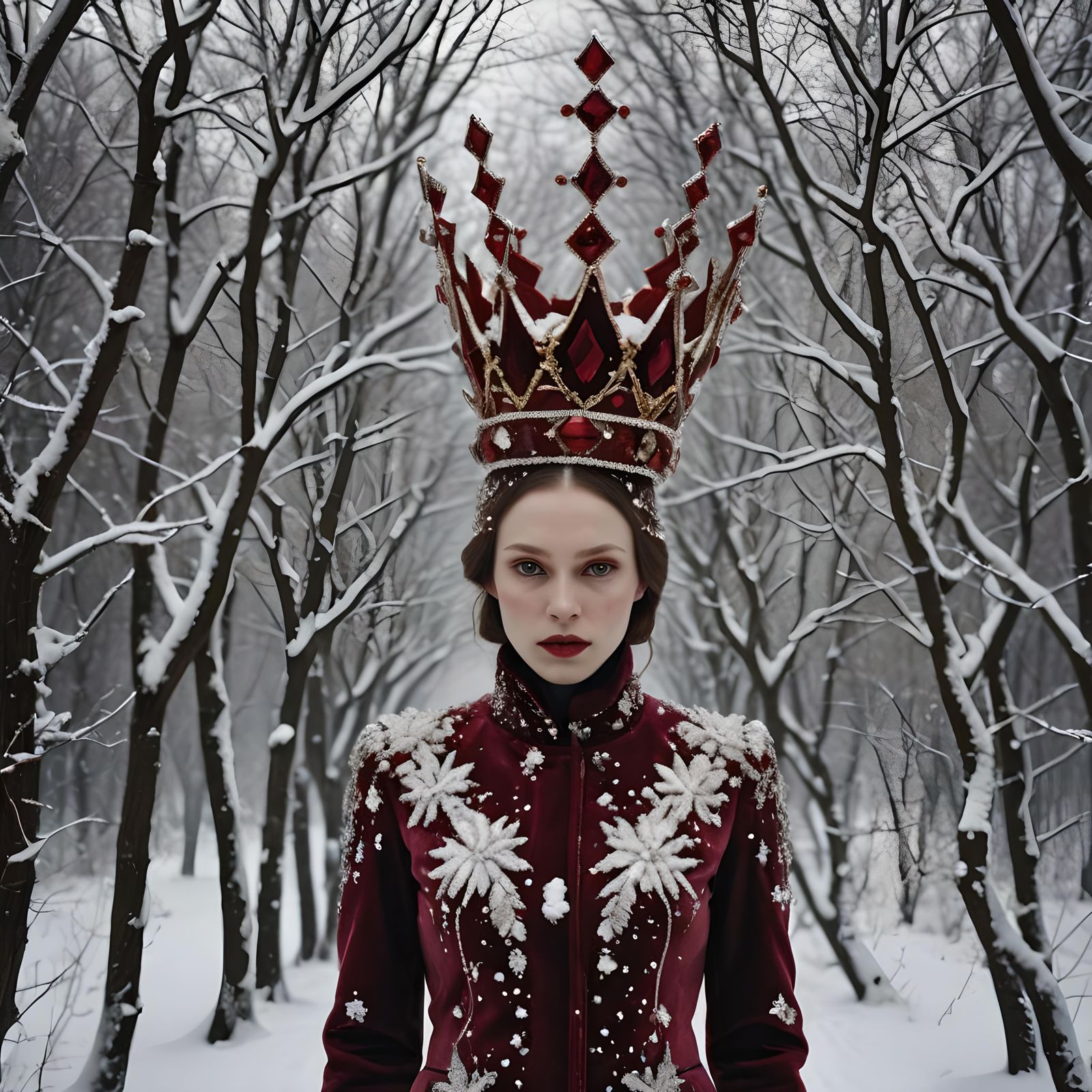 Girl in Velvet Suit and Crown, in Postmodern Style
