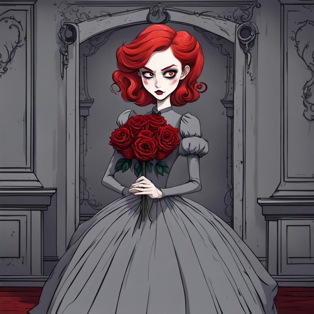 Gothic Red-Haired Woman with Rose in Burton Style