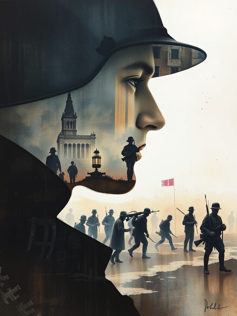 Vintage American Soldier Profile in a Surreal WWI Battlefiel...