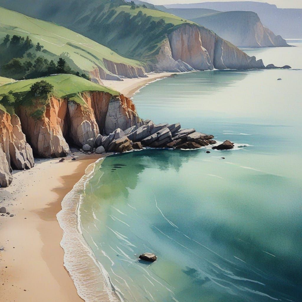 Serene Ocean Cove in Wet-on-Wet Watercolor