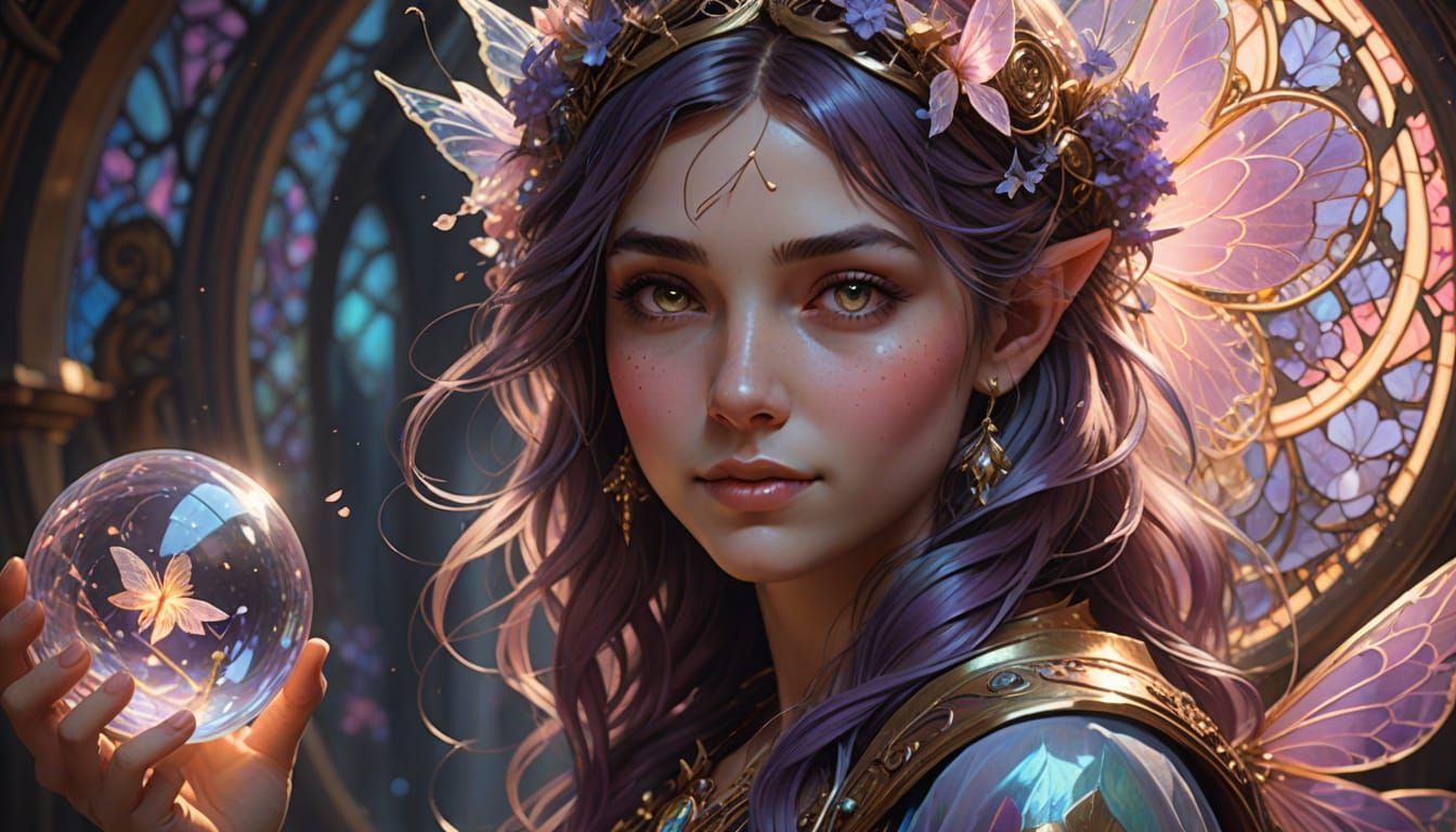Dreamy Fairy Portrait with Glowing Orb in Digital Art Style