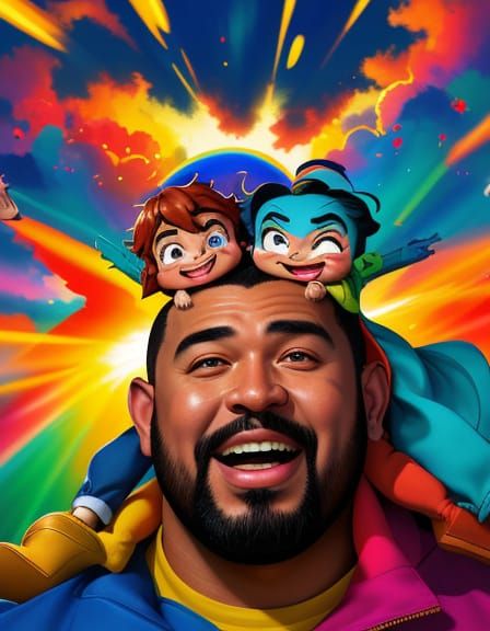 Cartoon Father Celebrates Milestone with Kids in Splash Art