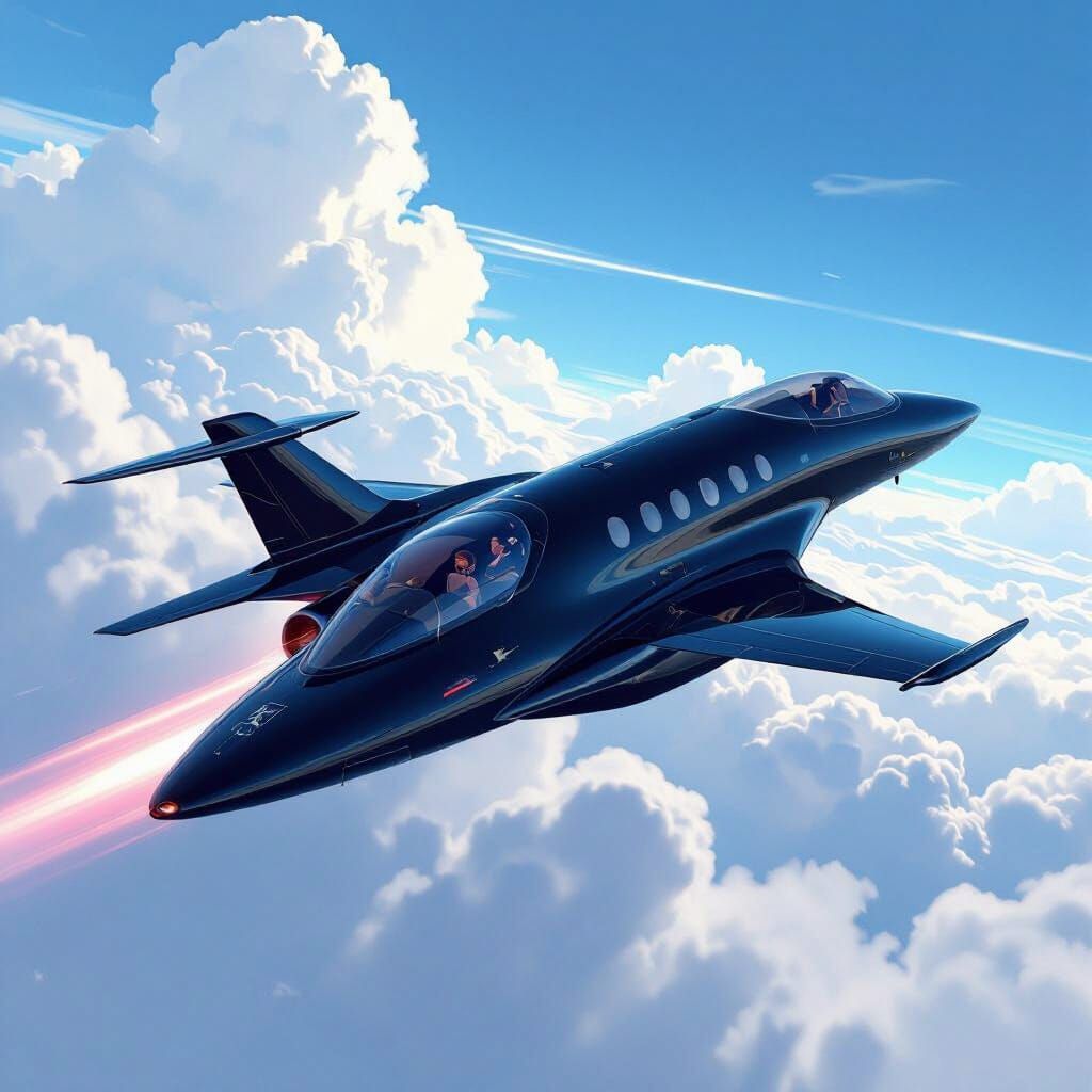 President Soaring in Futuristic Jet, Stylized Art