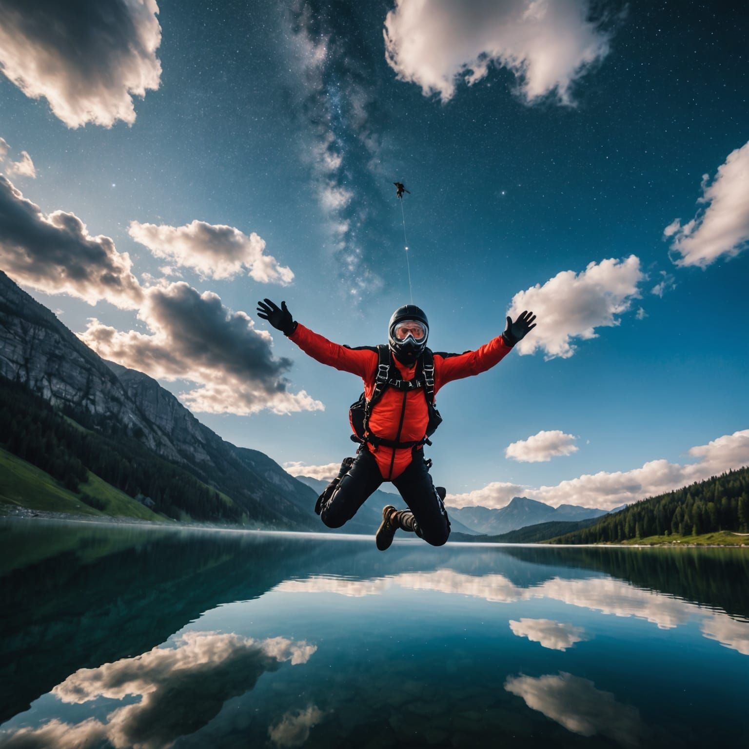 Skydiver's Epic Jump Above Calm Mountain Lake