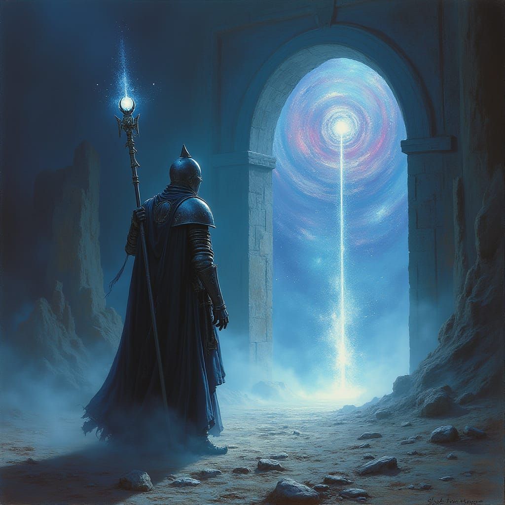 Spectral Knight Guarding Ancient Portal in Dark Fantasy Styl...