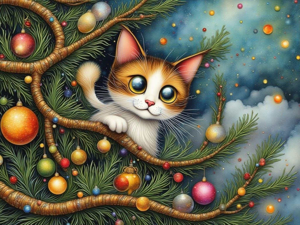 Whimsical Cat Panicked in Christmas Tree