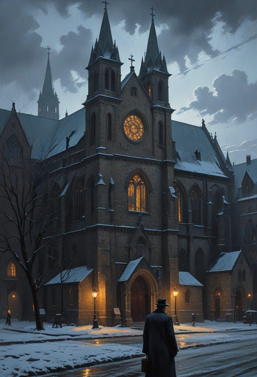 Mysterious Figure in Gothic Church Shadows