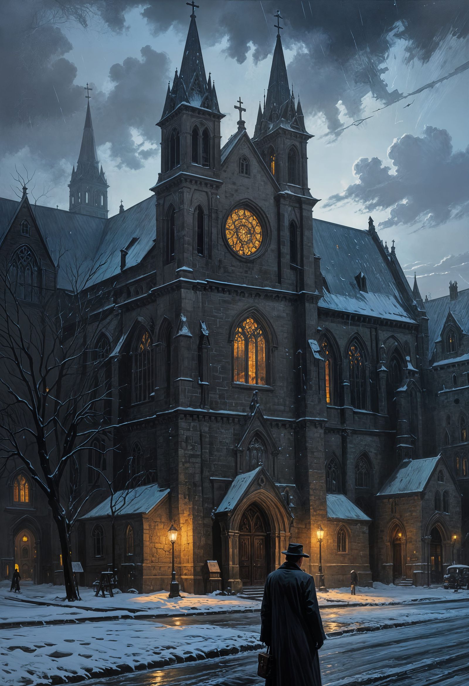 Mysterious Figure in Gothic Church Shadows