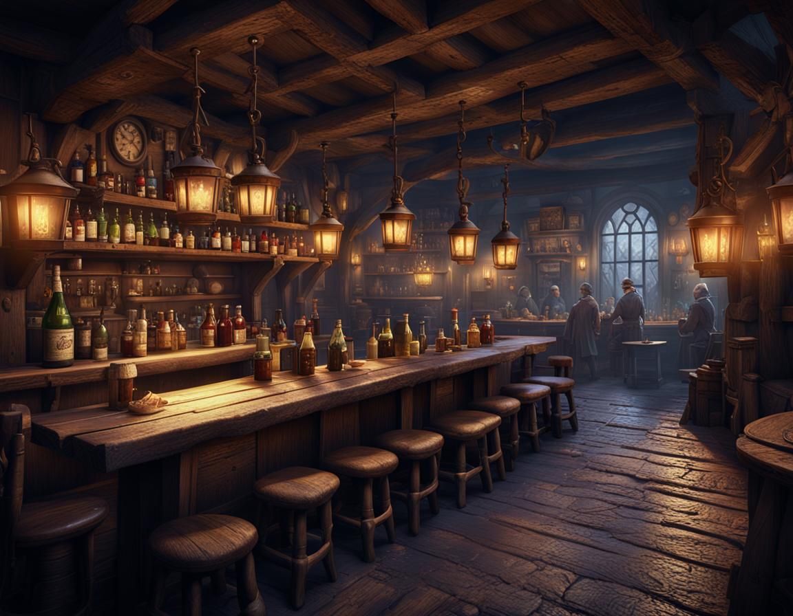 Dark Fantasy Tavern with Orc Bartender in Matte Painting Sty...