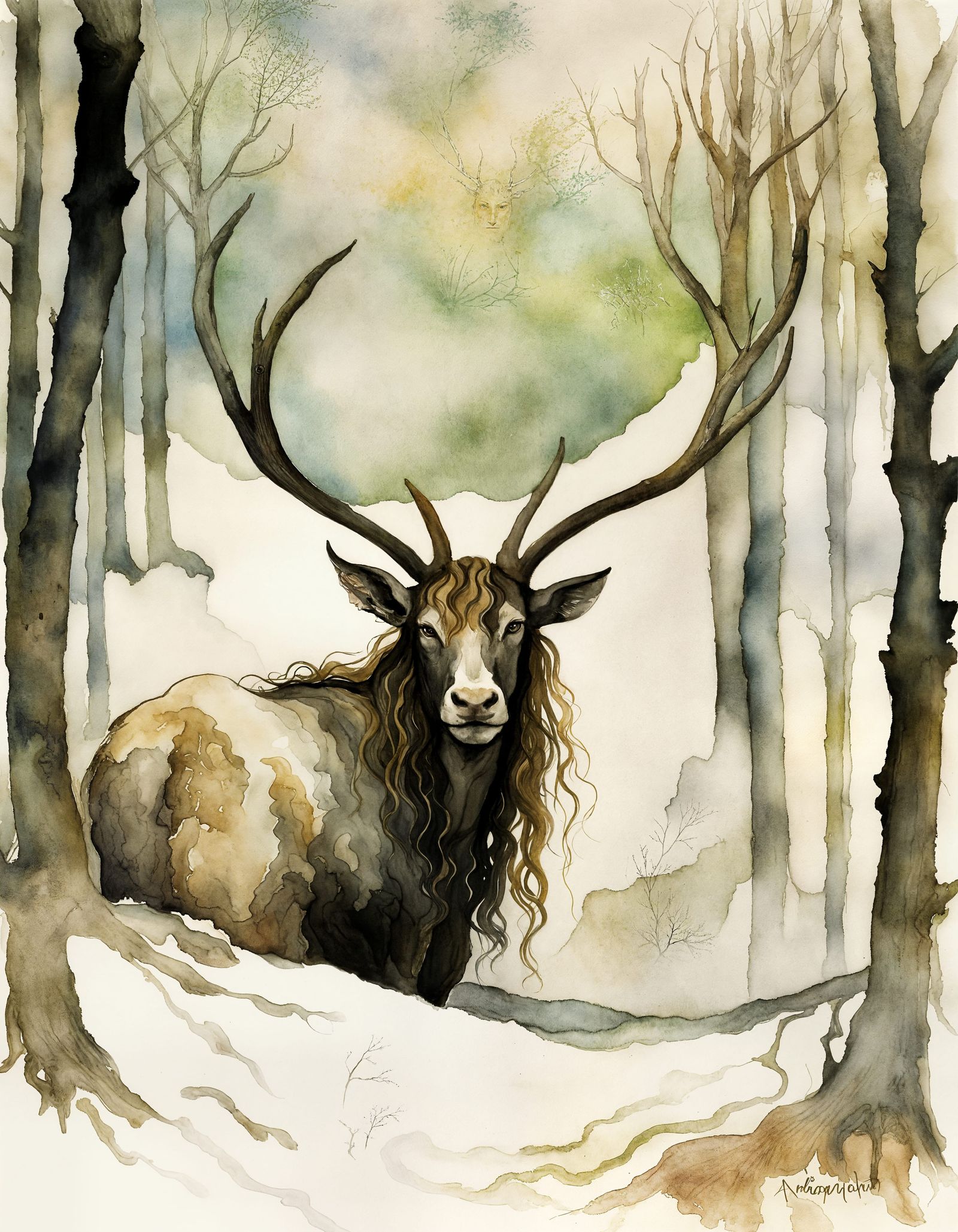 Cernunnos at Imbolc: Watercolor Painting