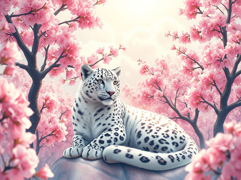 Snow Leopard in Sakura Grove: Watercolor Fantasy