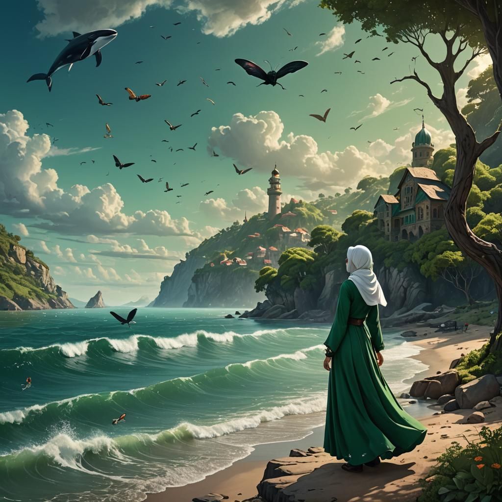 Hijabi Girl and Whale Portal, Fantasy Concept Art